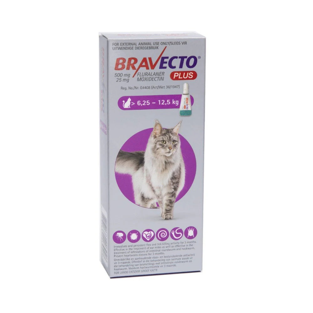 500mg + 25mg Tick, Flea & Roundworm Silver Purple Bravecto Plus Cream - Large Cat (6.25–12.5kg)