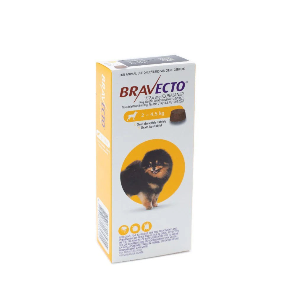 112.5mg Tick & Flea Yellow Bravecto Chew - Toy Dog (2–4.5kg)