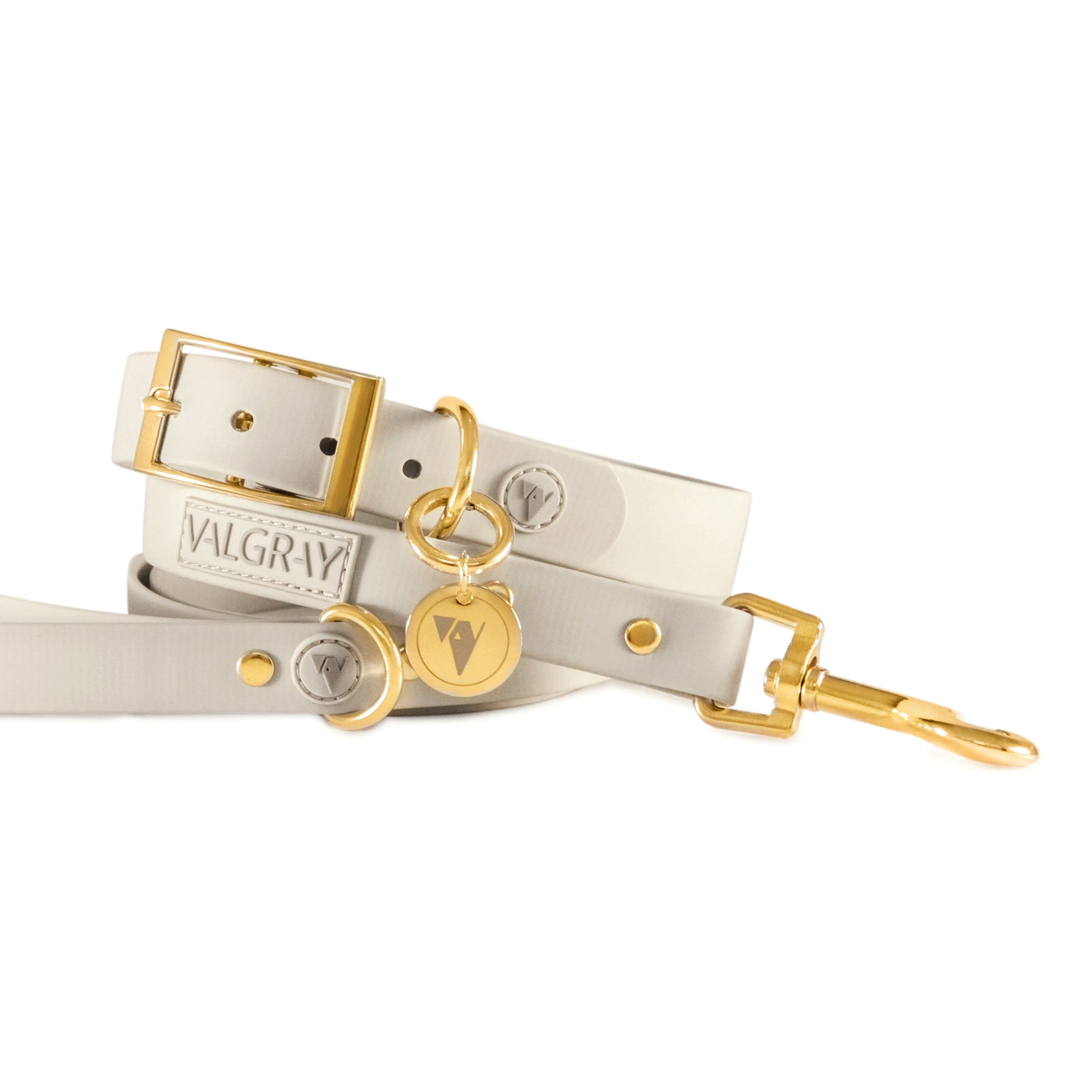 Front Product Image - Large Luxury Grey & Gold Valgray Dog Collar & Dog Leash Set From Pets Planet | SA's No.1 ePet Store for Premium Pet products, dog collars, dog leashes & pet beds